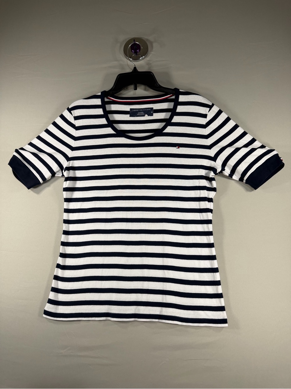 Tommy Hilfiger White and Navy Striped Short Sleeve Tee